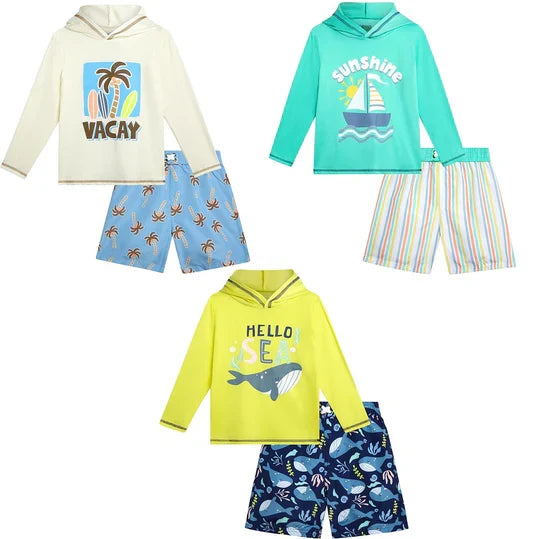 Swimsuit Station Boys Printed Hooded Rash guard & Swim trunk Set